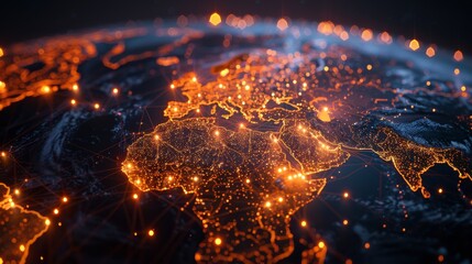 Poster - Concept of social network connections with glowing contour lines, nations and dots on a dark background. 3D rendering.