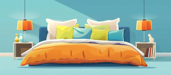 Canvas Print - Bed depicted in a cartoon style featuring pillows and a nightstand beside it