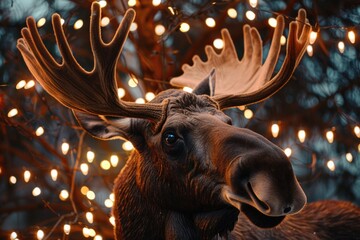 Poster - Close up of a moose with festive lights in the background. Ideal for holiday and wildlife themes