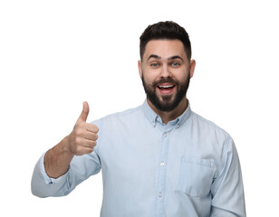 Sticker - Happy young man with mustache showing thumb up on white background