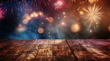 Canvas Print - A wooden table with fireworks in the background. Perfect for New Year's Eve celebrations