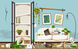 Messy living room interior with blue walls, a white sofa, a broken bookcase and a bookshelf, wilted houseplants, and scuttered stuff. Messy cluttered room. Total mess. Cartoon vector illustration