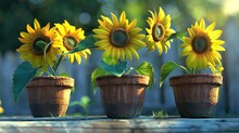 Three Sunflowers In Clay Pots On A Table, Ideal For Home Decor