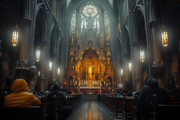 Poster - AI-generated illustration of a crowded cathedral interior with many seated worshipers