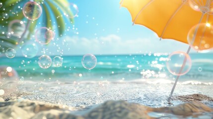 Canvas Print - 3D render of summer beach scene with bubbles and beach umbrella.