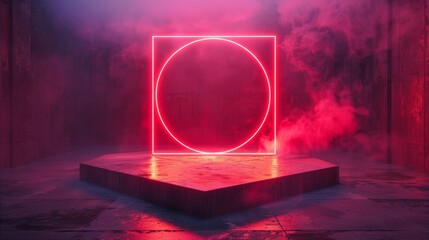 Leinwandbilder - This is a red neon light square shape of product display with a circle light background. futuristic and technology concepts, pedestals, podiums, stands, 3D renderings are included.