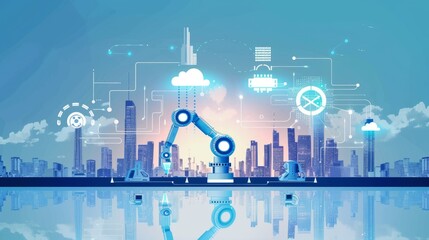 Leinwandbilder - A concept of the future city with robotic arms and cloud computing, a futuristic city and a concept of industry 4.0