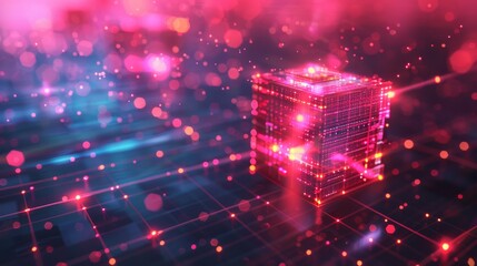 Poster - A futuristic concept with an abstract background and cube. 3D illustration. Technology shape with lines and dots.