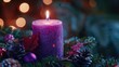 Purple candle placed on top of a festive Christmas tree. Perfect for holiday decorations
