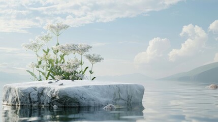 Aufkleber - 3D seascape background with stone and wild flower on the water for product display.