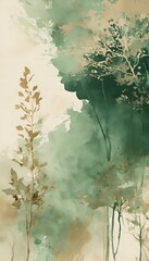 Poster - a watercolor painting of two tree silhouettes on a misty background