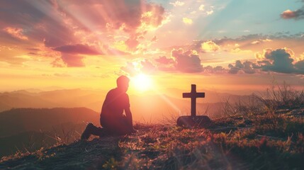 Silhouette Young male kneeling down with holding christian cross for worshipping God on the mountain sunset background. AI generated