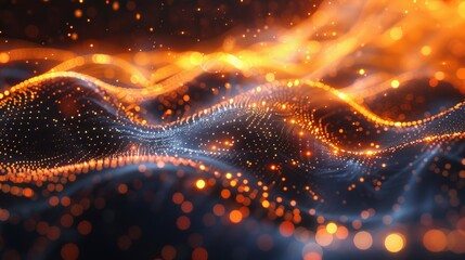Leinwandbilder - The background is an abstract wave with many glowing particles. It has a musical theme and is rendered in 3D.