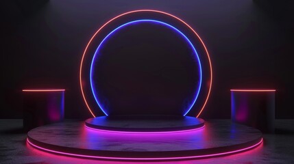 Leinwandbilder - A black stage with a product stand and neon lights on a futuristic background. An abstract rendering of futuristic technology.
