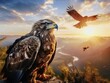 Portrait of big eagle. Birdwatching. Eagle in natural environment on amazing landscape