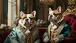 Two dogs in historical costumes sitting on a couch, AI-generated.