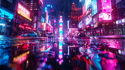 Aufkleber - An illustration depicting a neon mega city with light reflecting from puddles heading toward buildings. Night life concept, business district center (CBD), cyber punk theme, tech background.