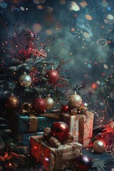 Poster - A beautifully decorated Christmas tree surrounded by presents, perfect for holiday concepts