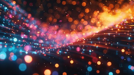 Poster - Array of data streaking lights and fiber optics on abstract wire background. CG rendering of futuristic electronic circuit technology.