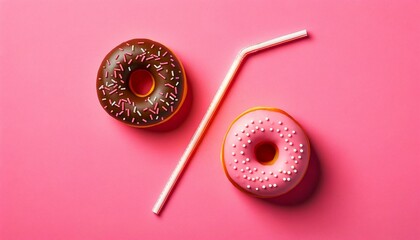 Wall Mural - Two doughnuts and a straw on a pink background, AI-generated.