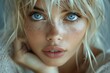 Serene Gaze: Blonde Beauty with Captivating Blue-Grey Eyes. Concept Portrait Photography, Natural Backdrops, Soft Lighting, Expressive Gestures