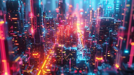 Fototapete - A concept for a metaverse city and a cyberpunk world in 3D