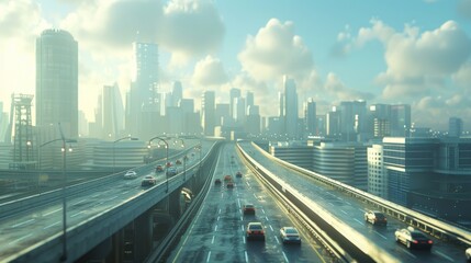 Fototapete - Three-dimensional rendering of a highway in a metaverse city