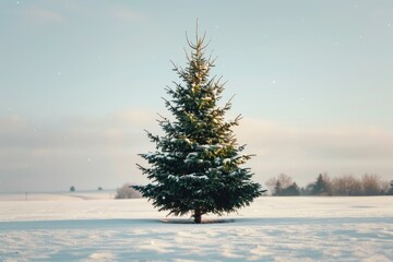 Canvas Print - A beautiful Christmas tree standing in a snowy field. Perfect for holiday designs