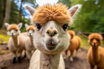 Wall Mural - Curious Alpaca Herd in Lush Green Field