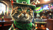 AI generated illustration of a cat in a green Saint Patrick's Day hat and tie sips from a glass