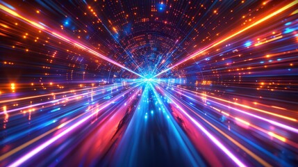 Aufkleber - 3D rendering of flash neon and light glowing in a dark scene. Speed light moving lines. Fast motion blur. Network for the future internet. Hyperspace interstellar travel.