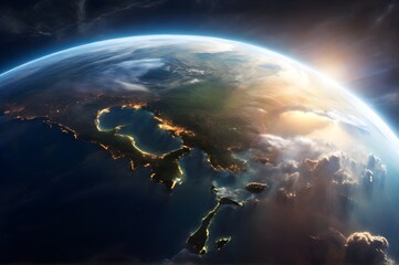 Wall Mural - AI generated illustration of a view of Earth from space with sunlight shining through