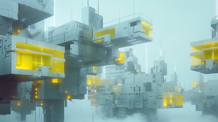 Wall Mural - AI generated illustration of surreal contemporary architecture featuring yellow windows