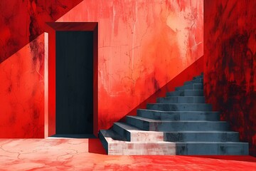 Sticker - AI generated illustration of surreal red building with multiple stairs near an open black door