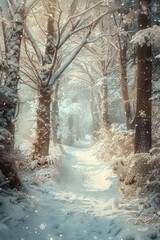 Wall Mural - A serene snow-covered path in a winter forest. Perfect for winter themes