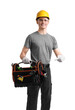© New Africa - Professional repairman with tool box on white background