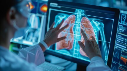 Aufkleber - Working with a virtual Human Lungs and long Covid 19 on a modern interface screen at a radiology practice. Healthcare and medicine, innovation, medical technology concept.