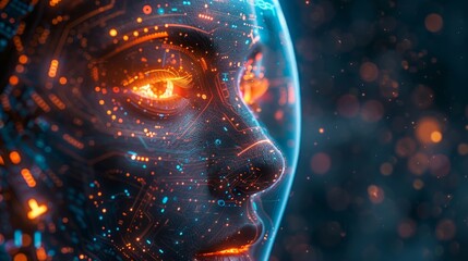 Fototapete - A system administrator in the image of God creates a neural network. The developer creates an artificial intelligence designed for an image robot. The developer creates a cybernetic brain in