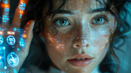 Fototapete - Robot woman or cyborg working on 3D holographic interface. Robot lady with beautiful face pressing button with cybernetic hand.