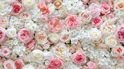  pastel pink and white roses, creating a wall of flowers that serves as an enchanting backdrop for wedding ceremonies or party decorations. SEAMLESS PATTERN