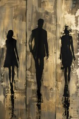 Sticker - AI generated illustration of an oil painting of silhouettes strolling on a golden and black backdrop