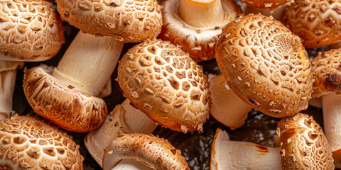 Wall Mural - Fresh Shiitake Mushrooms Close-Up in Natural Light