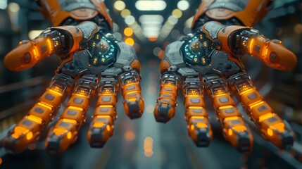 Fototapete - In the future, robots or cyborgs with artificial intelligence will control manipulator arms on factories and manufacturing plants. Industry 4.0. Robotics and technology are the future. Abstract HUD.