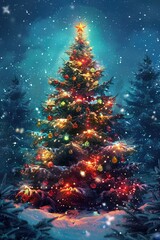 Canvas Print - A festive Christmas tree illuminated in the snow. Perfect for holiday themes