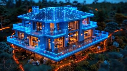Fototapete - A smart house system programming software. Communication, electricity, and building construction engineering development. Design in programs for smart homes. Artificial intelligence for IoT. 3D