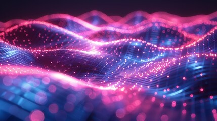 Grid surface of glowing dots, particles in an isometric 3D grid. Abstract wave grid diagrams of flow digital information.