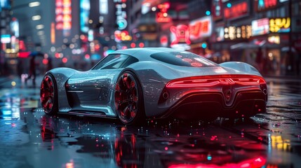 Poster - Imaginative cyborg car. Silver car stands against cyberpunk background. Concept of autonomous smart cars. Electric vehicles in fantastic cyberpunk style.