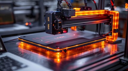 Aufkleber - 3D printer on table, laptop on shelf, in workshop of additive 3D maker. Isometric 3D printing concept. Engineering worksite. 3D-printer printed computer model on laptop. Detailed prototype.