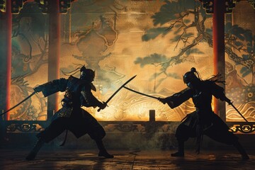 Sticker - Two samurais engaging in a sword fight, suitable for martial arts concepts