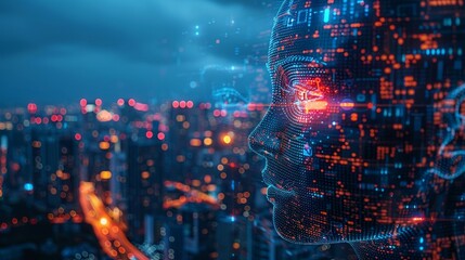 Aufkleber - An image of a futuristic smart city with artificial intelligence, IoT technology, and internet communications. An image of a cyborg or robot woman with AI in her head. A 3D rendering of skyscrapers.